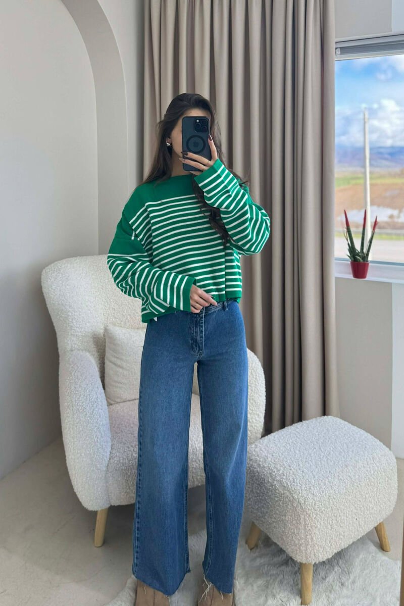 ROUND NECK STRIPED SIMPLE WOMEN SWEATER GREEN/JESHILE - 1