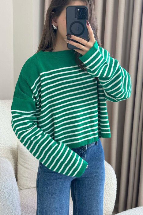 ROUND NECK STRIPED SIMPLE WOMEN SWEATER GREEN/JESHILE - 3