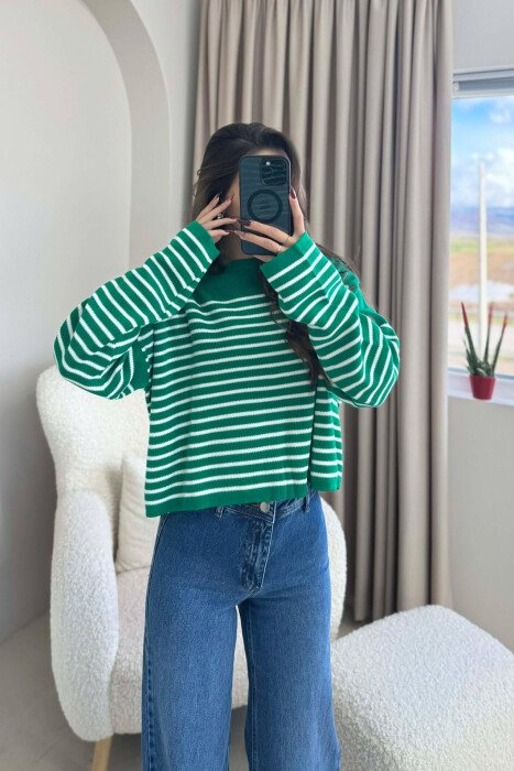 ROUND NECK STRIPED SIMPLE WOMEN SWEATER GREEN/JESHILE - 2