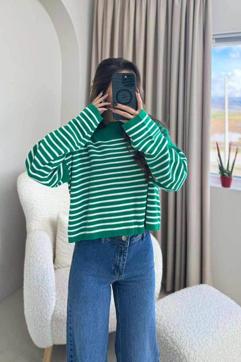 ROUND NECK STRIPED SIMPLE WOMEN SWEATER GREEN/JESHILE - 2