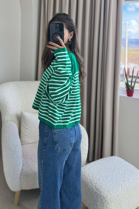 ROUND NECK STRIPED SIMPLE WOMEN SWEATER GREEN/JESHILE - 4