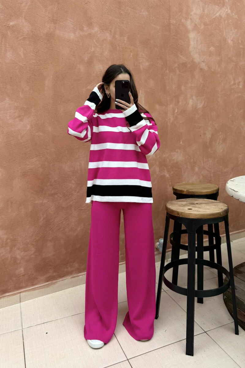 ROUND NECK STRIPED SWEATER+TROUSERS KNIT WOMEN SET FUCHSIA/CIKLAMI - 1