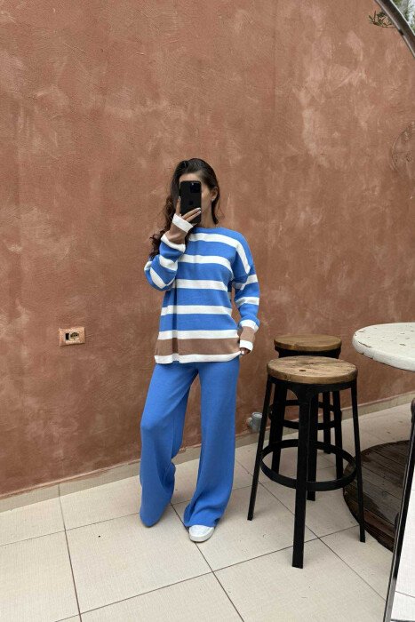 ROUND NECK STRIPED SWEATER+TROUSERS KNIT WOMEN SET LIGHTBLUE/BZ - 2