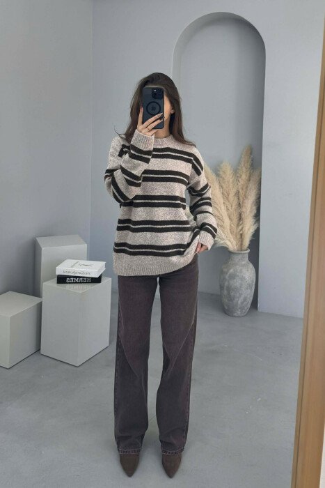 ROUND NECK STRIPED WOMEN SWEATER BEIGE/BEZHE - 1