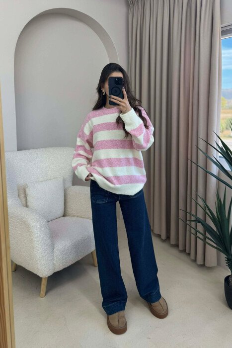 ROUND NECK STRIPED WOMEN SWEATER CREAM-PINK/KREM-ROZE - KLAUDIO FASHION