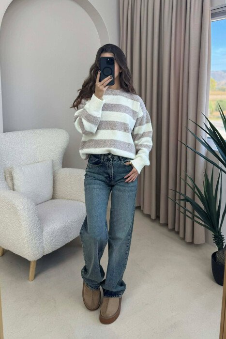 ROUND NECK STRIPED WOMEN SWEATER CREM+BEIGE/KREM+BEZHE - KLAUDIO FASHION