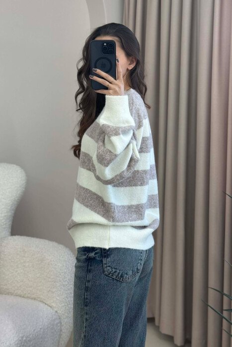 ROUND NECK STRIPED WOMEN SWEATER CREM+BEIGE/KREM+BEZHE - 2