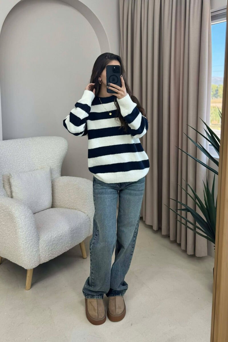 ROUND NECK STRIPED WOMEN SWEATER CREM+DARK BLUE/KREM+BLUE ERRET - 1