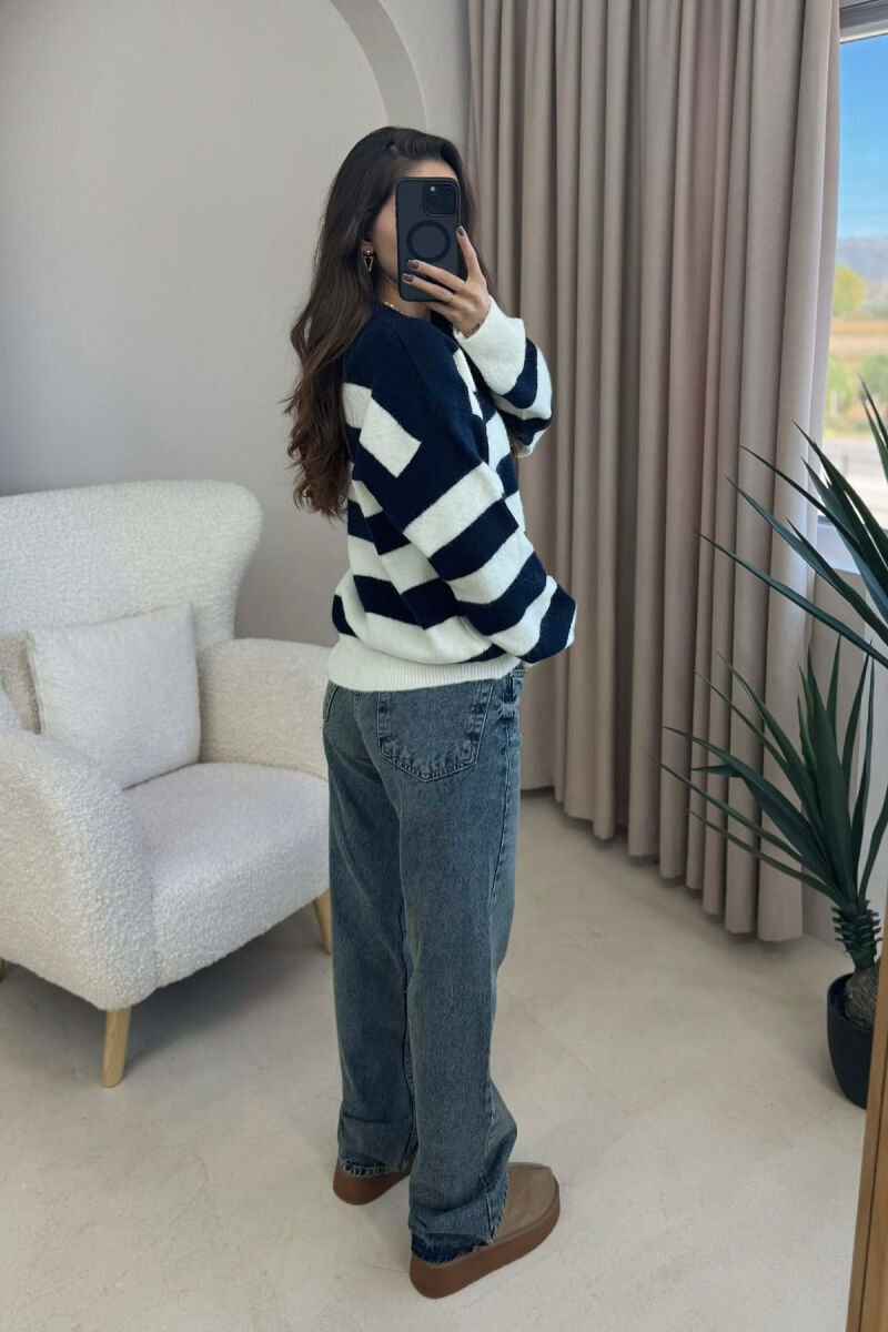 ROUND NECK STRIPED WOMEN SWEATER CREM+DARK BLUE/KREM+BLUE ERRET - 2