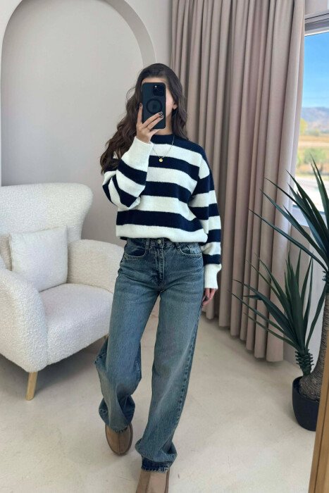ROUND NECK STRIPED WOMEN SWEATER CREM+DARK BLUE/KREM+BLUE ERRET - 4