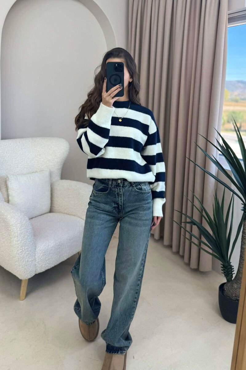 ROUND NECK STRIPED WOMEN SWEATER CREM+DARK BLUE/KREM+BLUE ERRET - 4