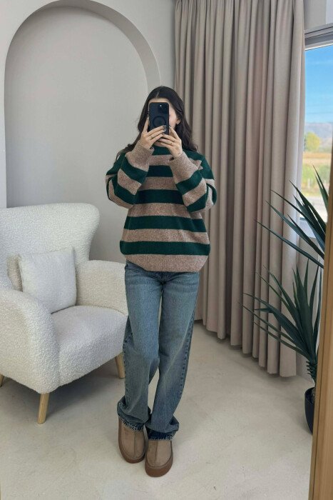 ROUND NECK STRIPED WOMEN SWEATER DARK GREEN/JEE - 1