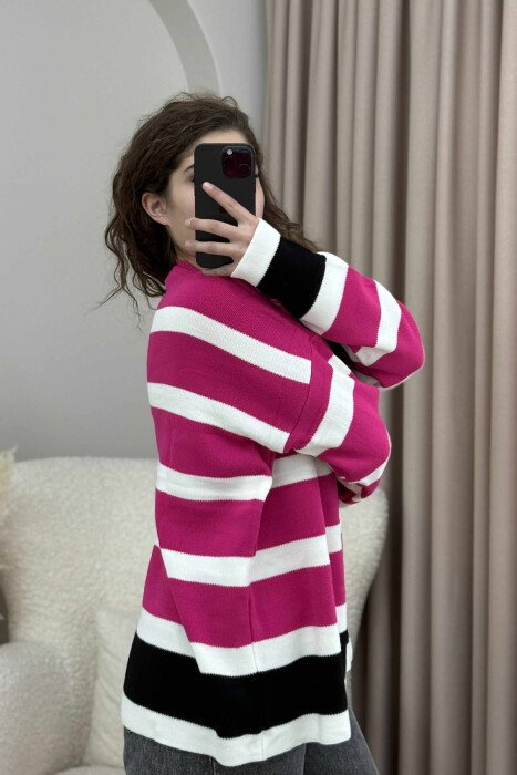 ROUND NECK STRIPED WOMEN SWEATER FUCHSIA/CIKLAMI - 4