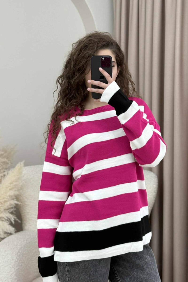 ROUND NECK STRIPED WOMEN SWEATER FUCHSIA/CIKLAMI - 3