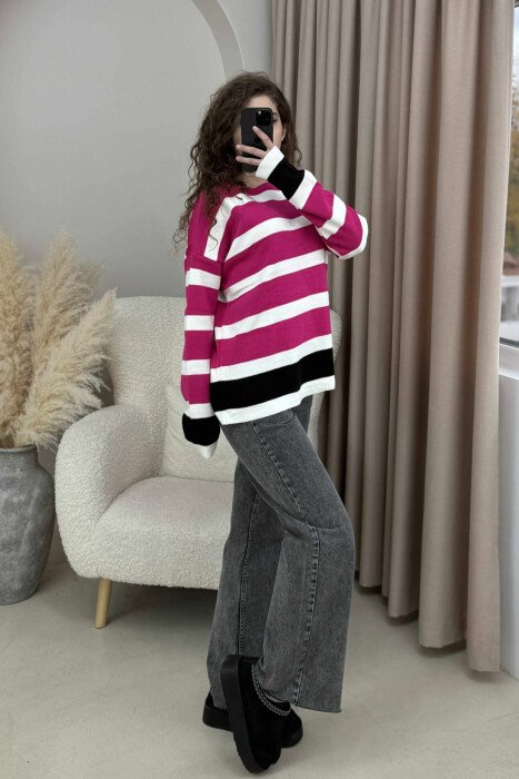 ROUND NECK STRIPED WOMEN SWEATER FUCHSIA/CIKLAMI - 1