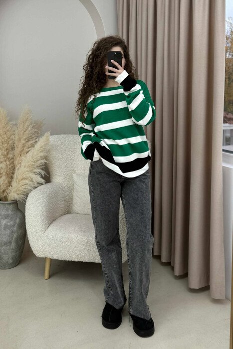 ROUND NECK STRIPED WOMEN SWEATER GREEN/JESHILE 