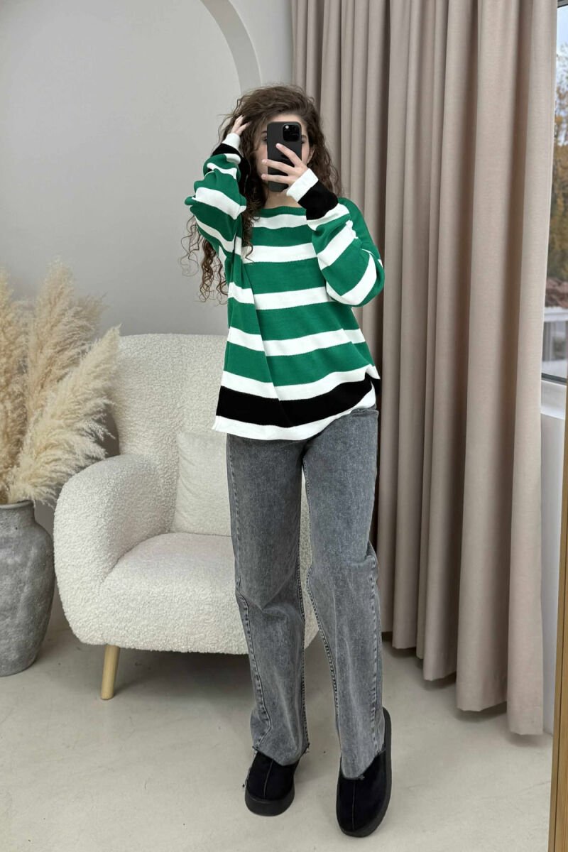 ROUND NECK STRIPED WOMEN SWEATER GREEN/JESHILE - 2