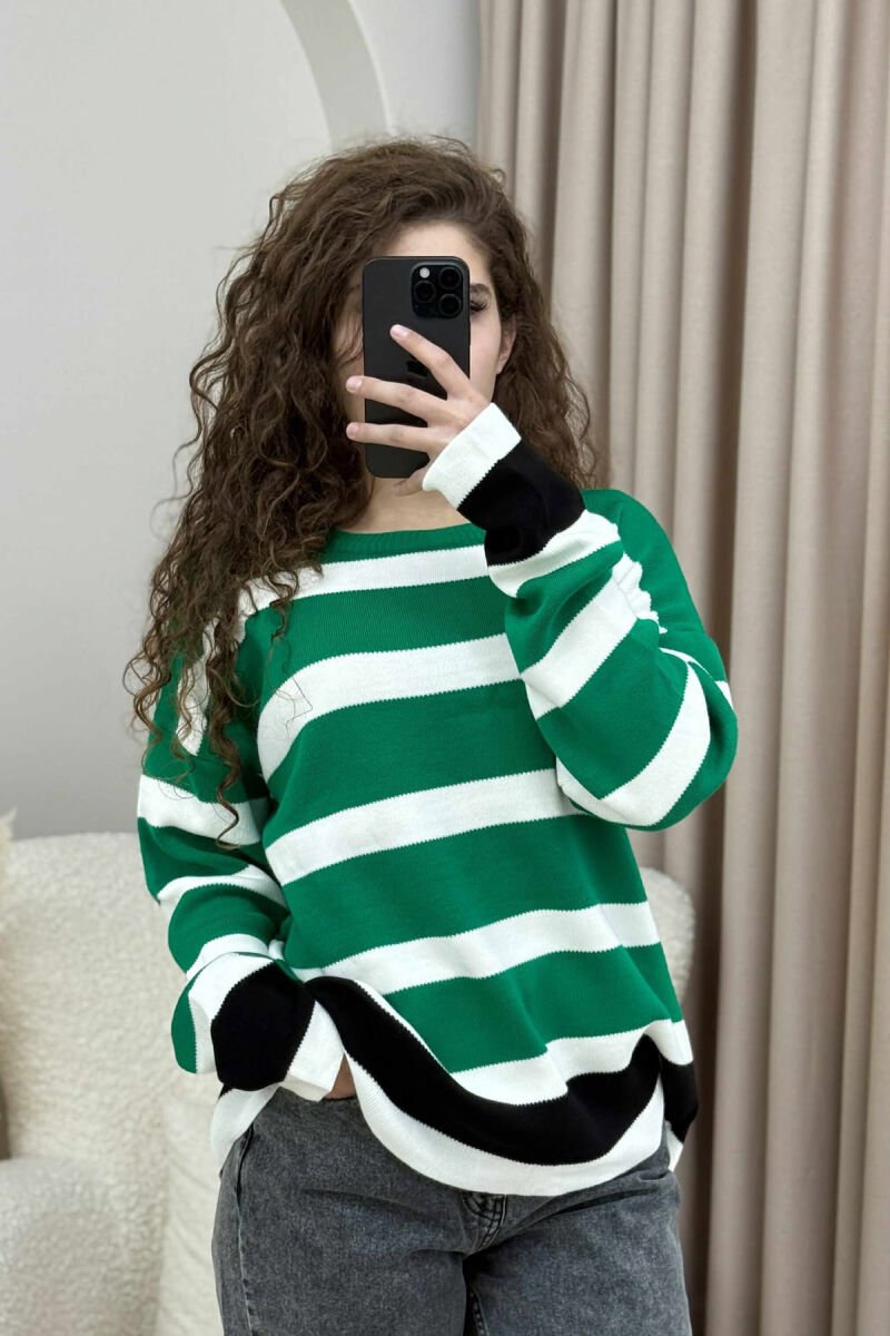 ROUND NECK STRIPED WOMEN SWEATER GREEN/JESHILE - 3