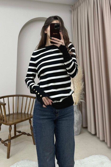 ROUND NECK STRIPED WOMEN SWEATER BLACK-WHITE/ZB - 3