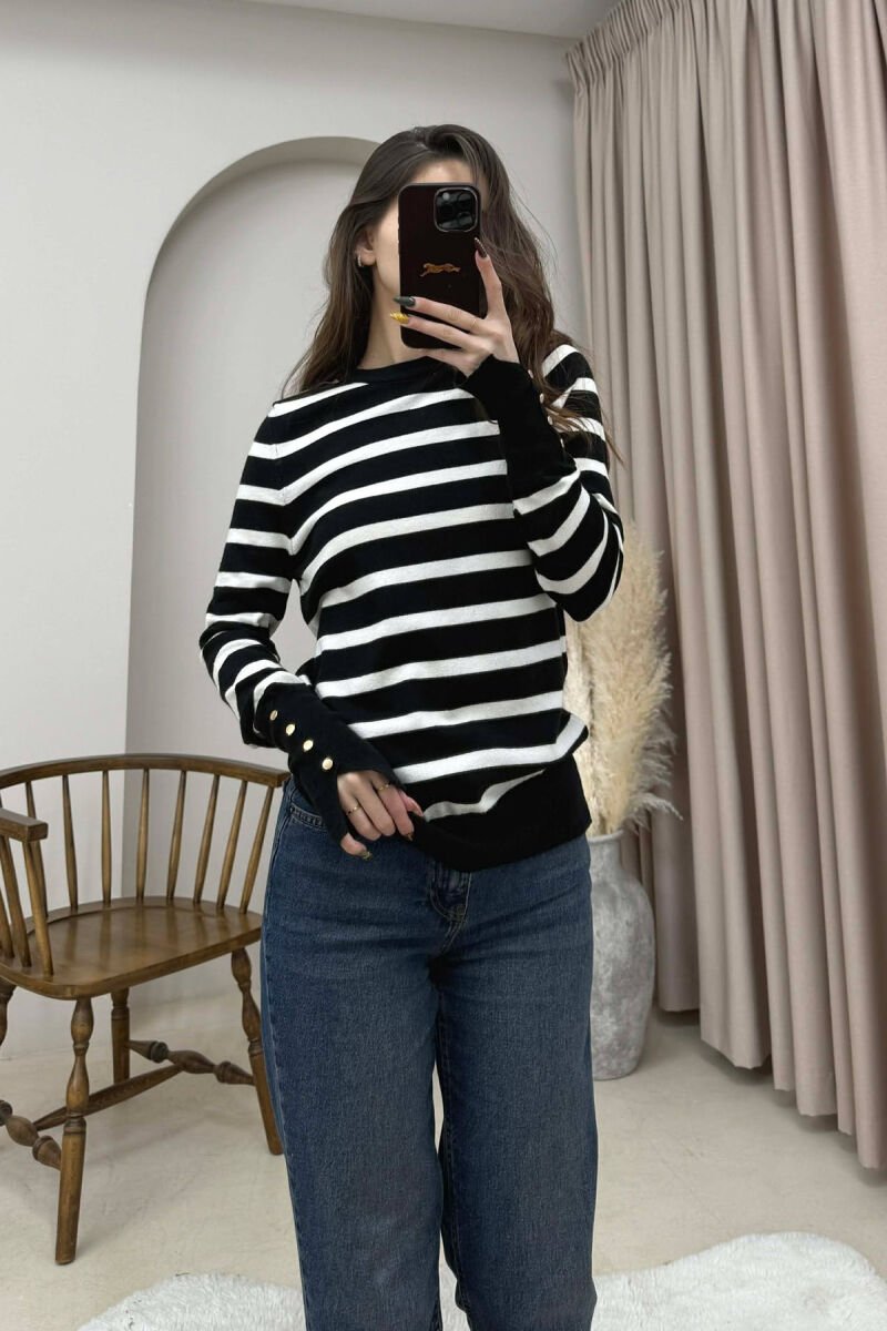 ROUND NECK STRIPED WOMEN SWEATER BLACK-WHITE/ZB - 3