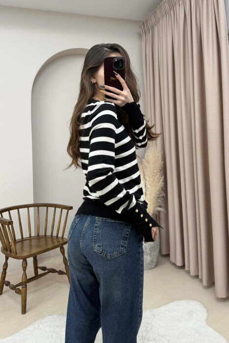 ROUND NECK STRIPED WOMEN SWEATER BLACK-WHITE/ZB - 4