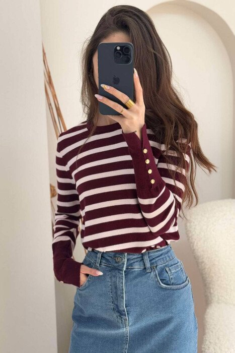 ROUND NECK STRIPED WOMEN SWEATER BURGUNDY/VISHNJE - 2