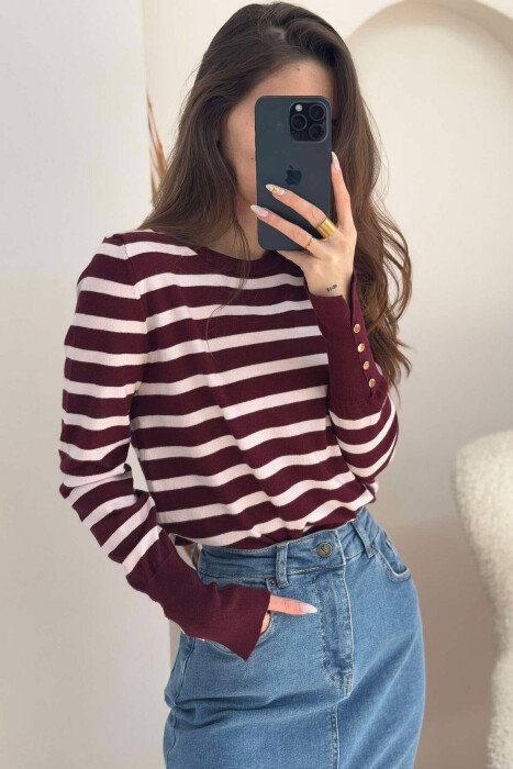 ROUND NECK STRIPED WOMEN SWEATER BURGUNDY/VISHNJE - 4
