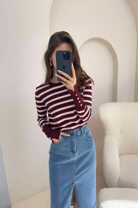 ROUND NECK STRIPED WOMEN SWEATER BURGUNDY/VISHNJE - 6