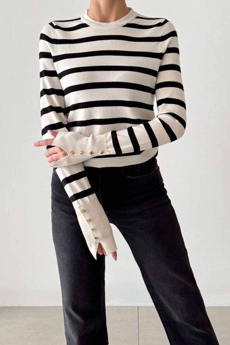 ROUND NECK STRIPED WOMEN SWEATER WHITE-BLACK/BAZE - 1