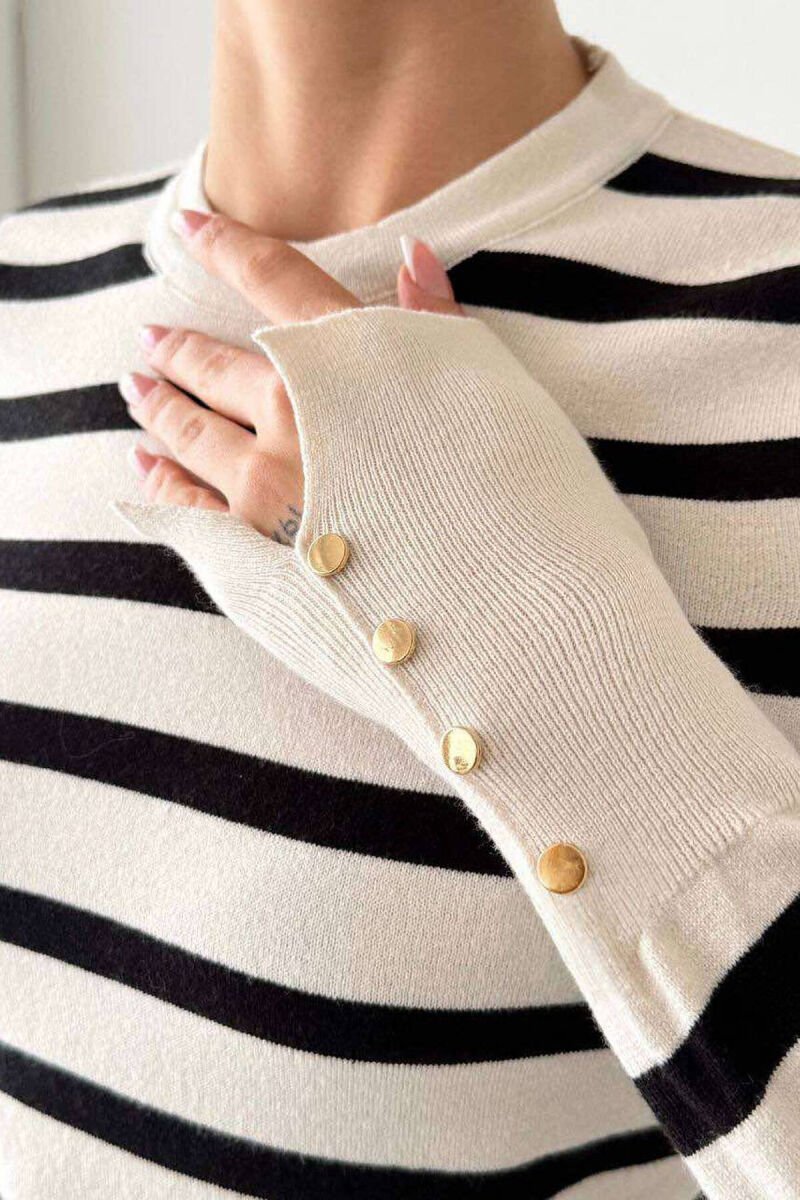 ROUND NECK STRIPED WOMEN SWEATER WHITE-BLACK/BAZE - 2
