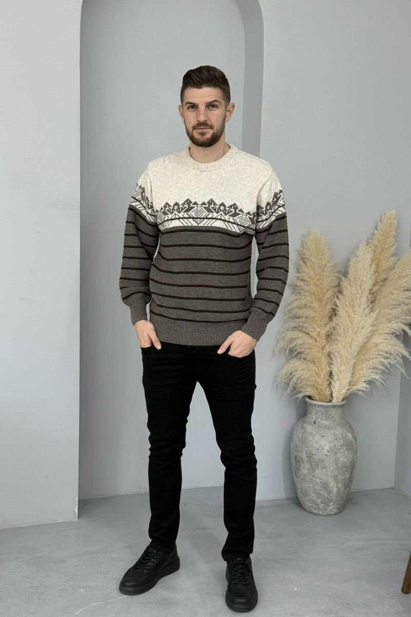 ROUND NECK STRIPES MEN SWEATER BEIGE/BEZHE - 2