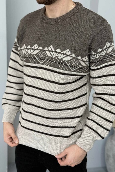ROUND NECK STRIPES MEN SWEATER BROWN/KAFE - 1