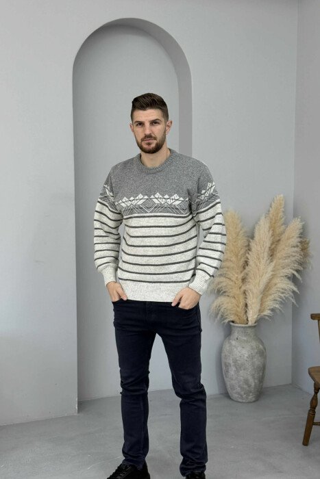 ROUND NECK STRIPES MEN SWEATER LIGHT GREY/GZ - 2