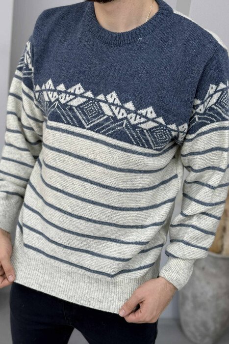 ROUND NECK STRIPES MEN SWEATER LIGHTBLUE/BZ 