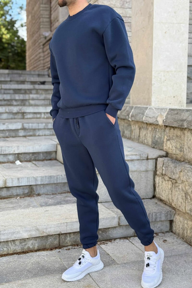 ROUND NECK SWEATSHIRT+JOGGERS FLUFFY MEN SET DARK BLUE/BEE - 3