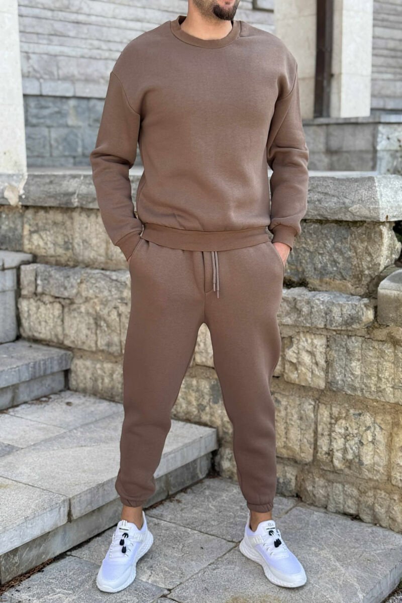 ROUND NECK SWEATSHIRT+JOGGERS FLUFFY MEN SET LIGHT BROWN/KAZB - 1