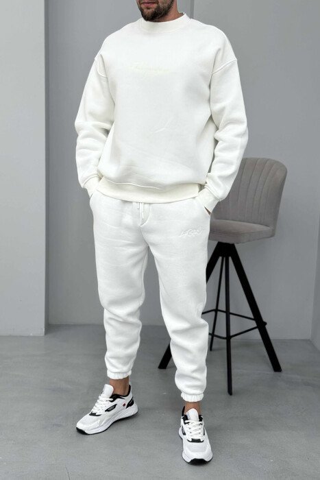 ROUND NECK SWEATSHIRT+JOGGERS FLUFFY MEN SET WHITE-E BARDHE - KLAUDIO FASHION
