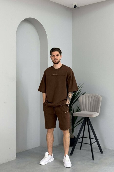 SET NJE NGJYRESH T-SHIRT + TUTA TE SHKURTRA PER MESHKUJ NE NGJYRE KAFE - KLAUDIO FASHION
