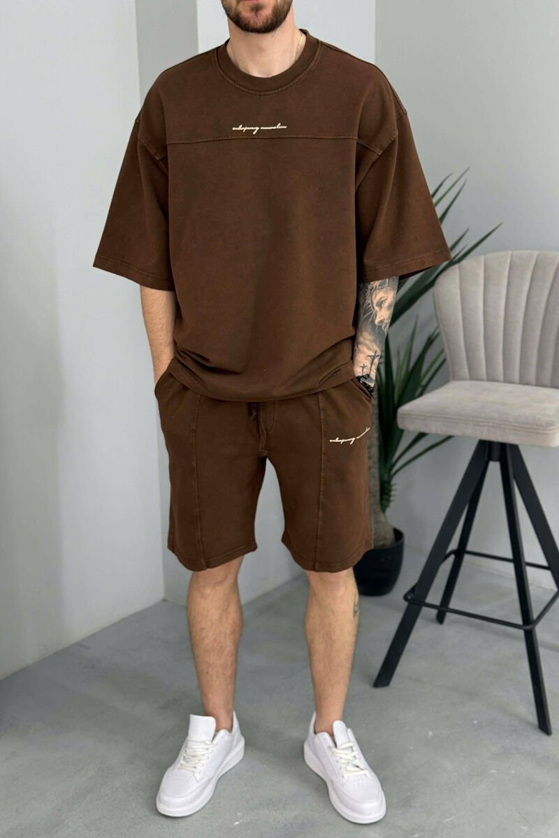 ROUND NECK T-SHIRT + SHORTS MEN SET BROWN/KAFE - 2