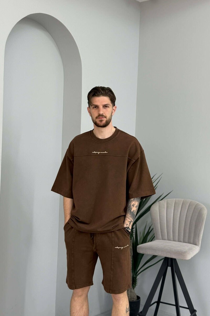 ROUND NECK T-SHIRT + SHORTS MEN SET BROWN/KAFE - 3