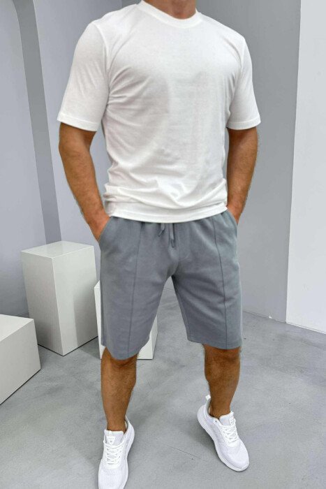 ROUND NECK T-SHIRT+SHORTS SIMPLE MEN SET WHITE-DARK GREY/BAGE - 