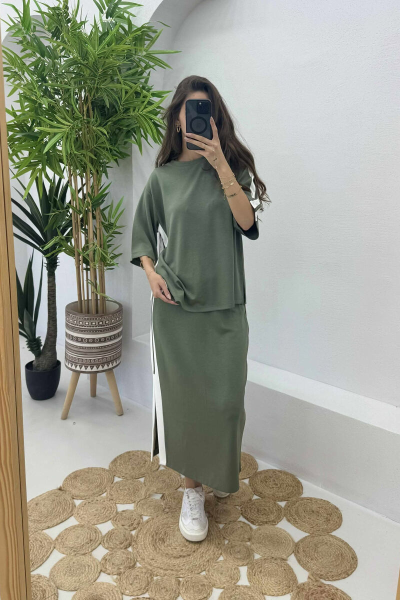 ROUND NECK T-SHIRT+SKIRT STRIPED WOMEN SET OLIVE/ULLI - 1