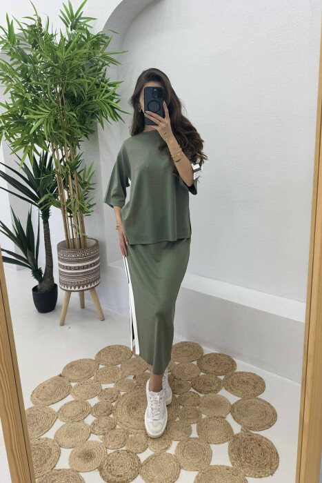 ROUND NECK T-SHIRT+SKIRT STRIPED WOMEN SET OLIVE/ULLI - 4