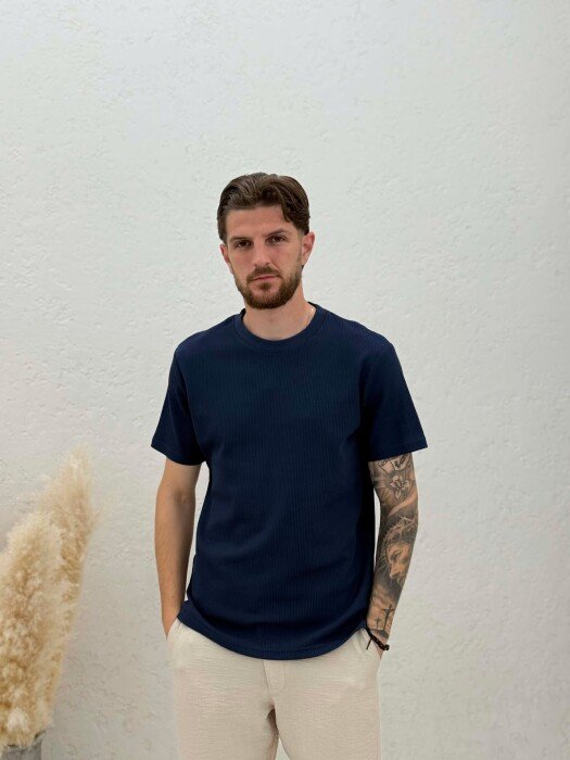 ROUND NECK TEXTURED MEN T-SHIRT BLUE/BLU - KLAUDIO FASHION