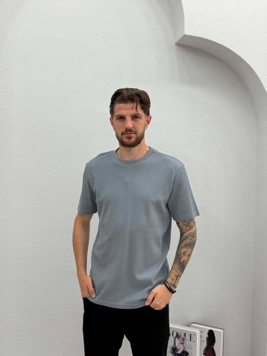 ROUND NECK TEXTURED MEN T-SHIRT GREY/GRI - KLAUDIO FASHION
