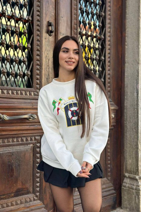 ROYAL FRONT IMAGE WOMEN SWEATSHIRT WHITE-E BARDHE - KLAUDIO FASHION