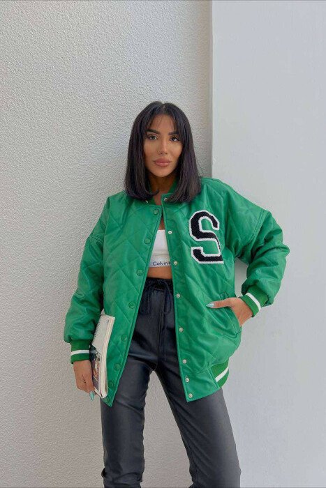 S LOGO LEATHER WOMEN JACKET GREEN/JESHILE - KLAUDIO FASHION