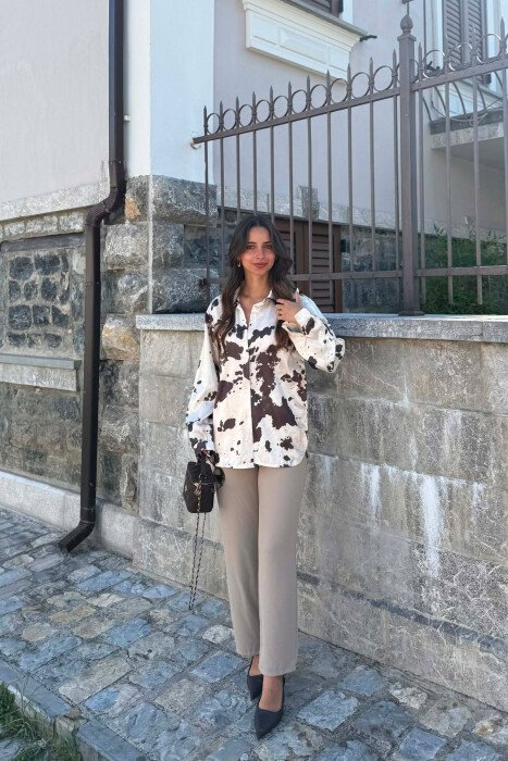 SATIN ABSTRACT DESIGN WOMEN SHIRT CREAM-OLIVE 