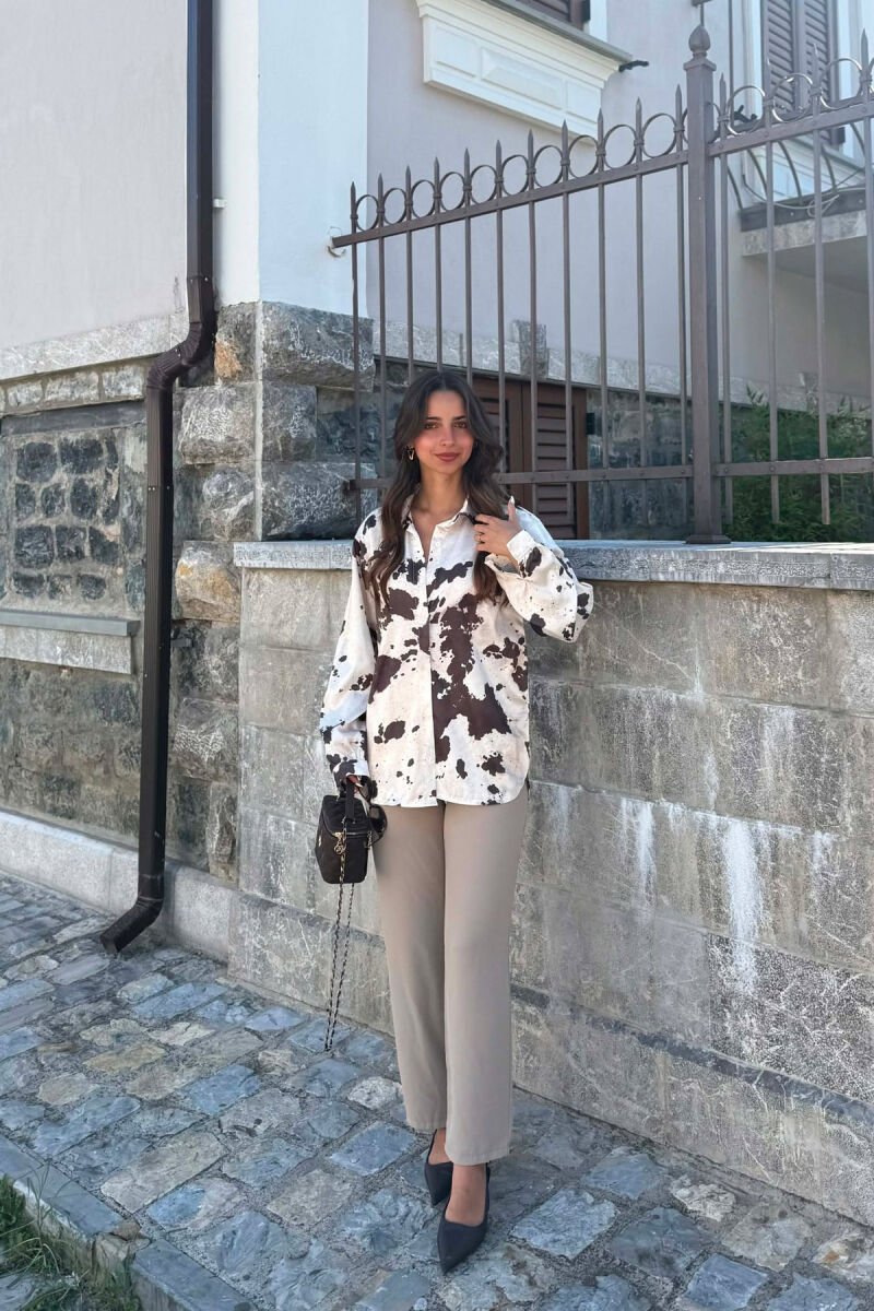 SATIN ABSTRACT DESIGN WOMEN SHIRT CREAM-OLIVE - 1