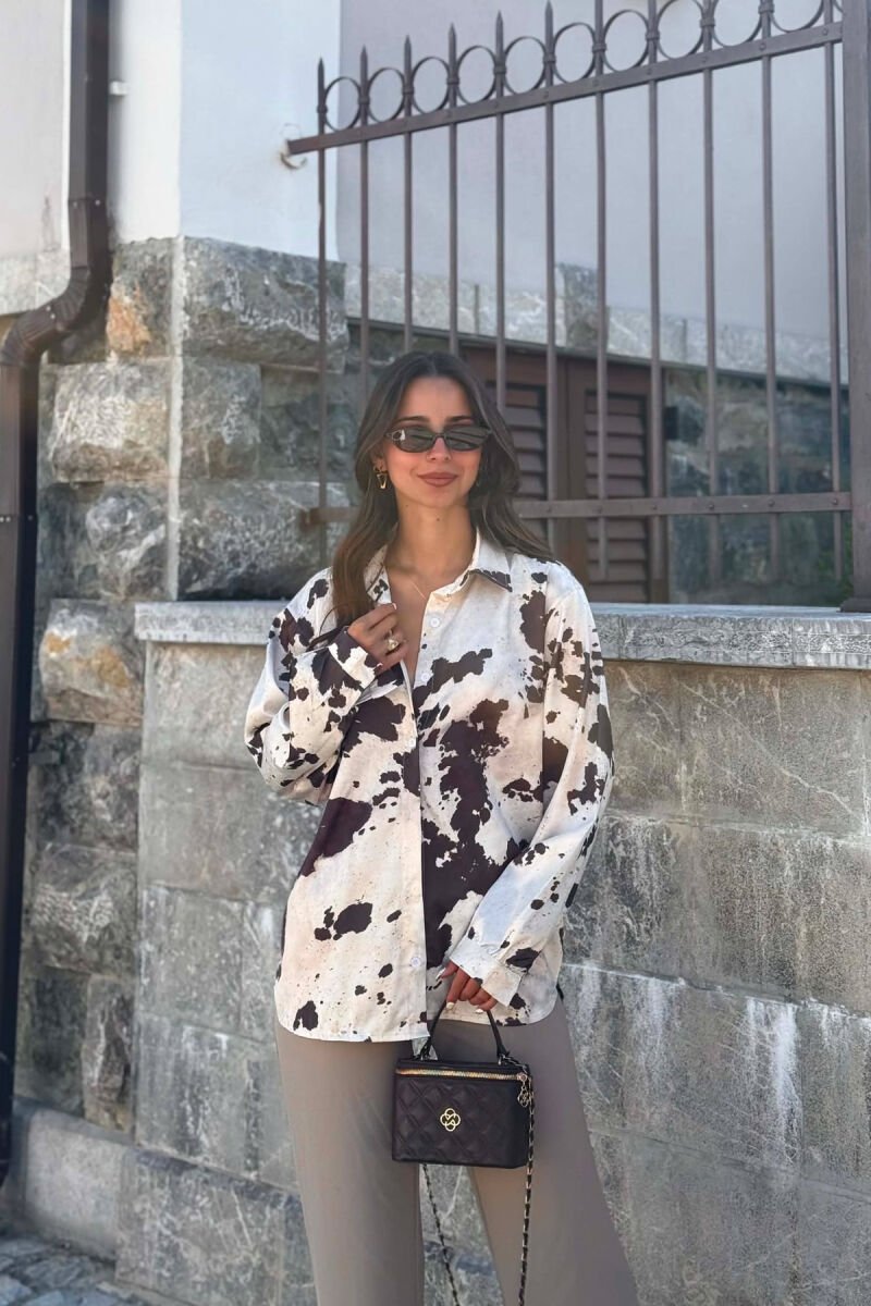 SATIN ABSTRACT DESIGN WOMEN SHIRT CREAM-OLIVE - 2